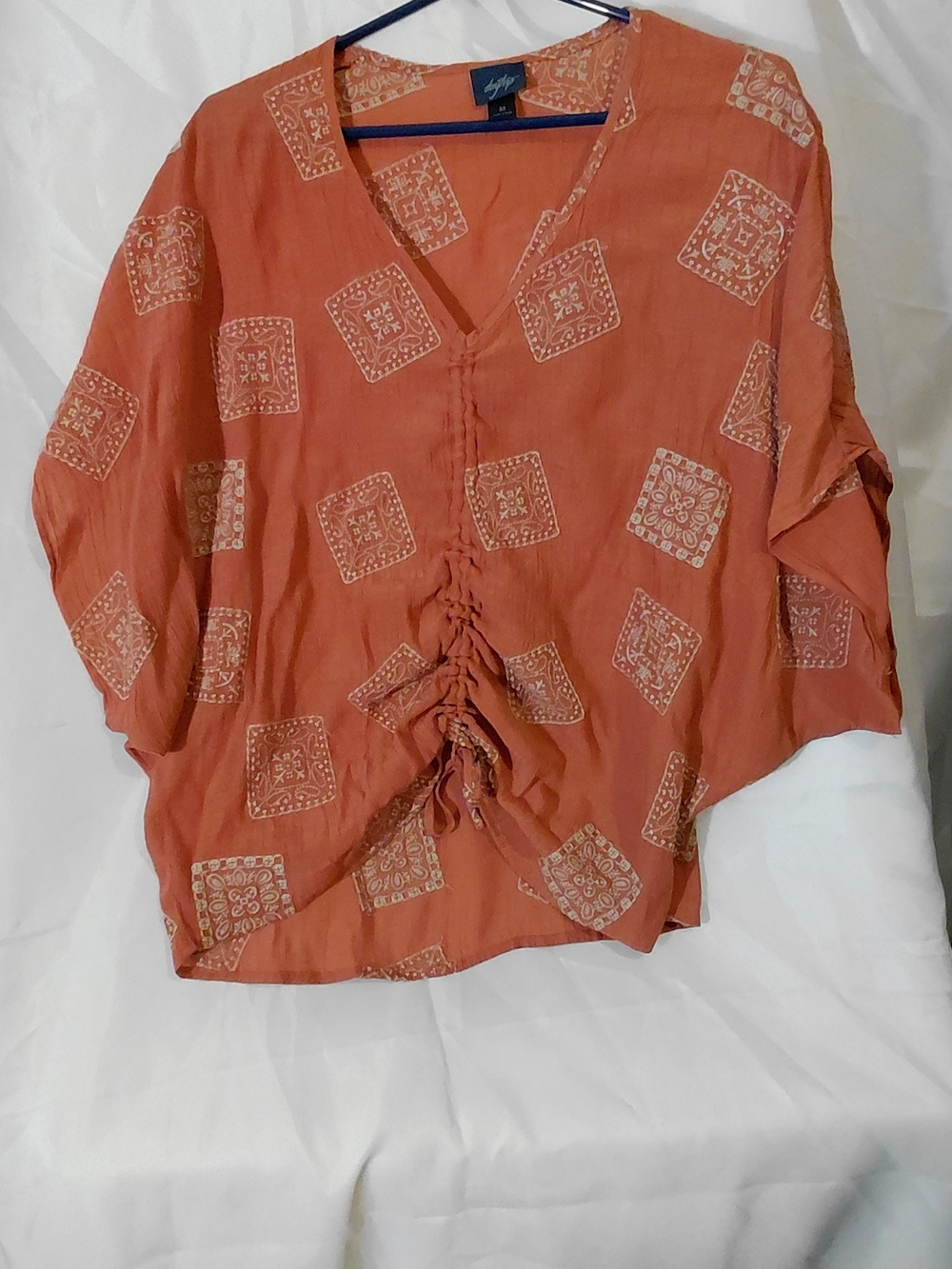 Daytrip Rust Orange Geometric Ruched V-Neck Tunic